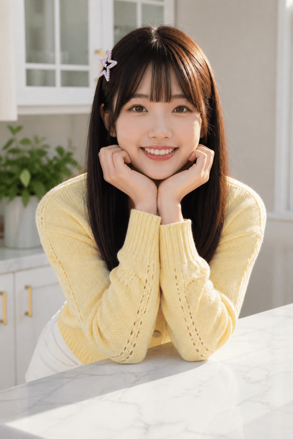 キッチンでほおづえをつくAIみう