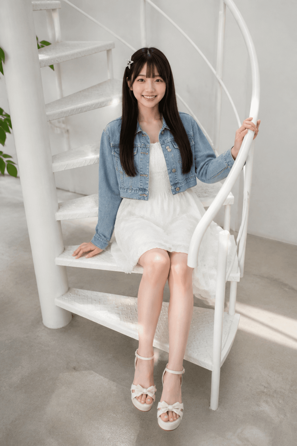 白い螺旋階段に座るAIみう