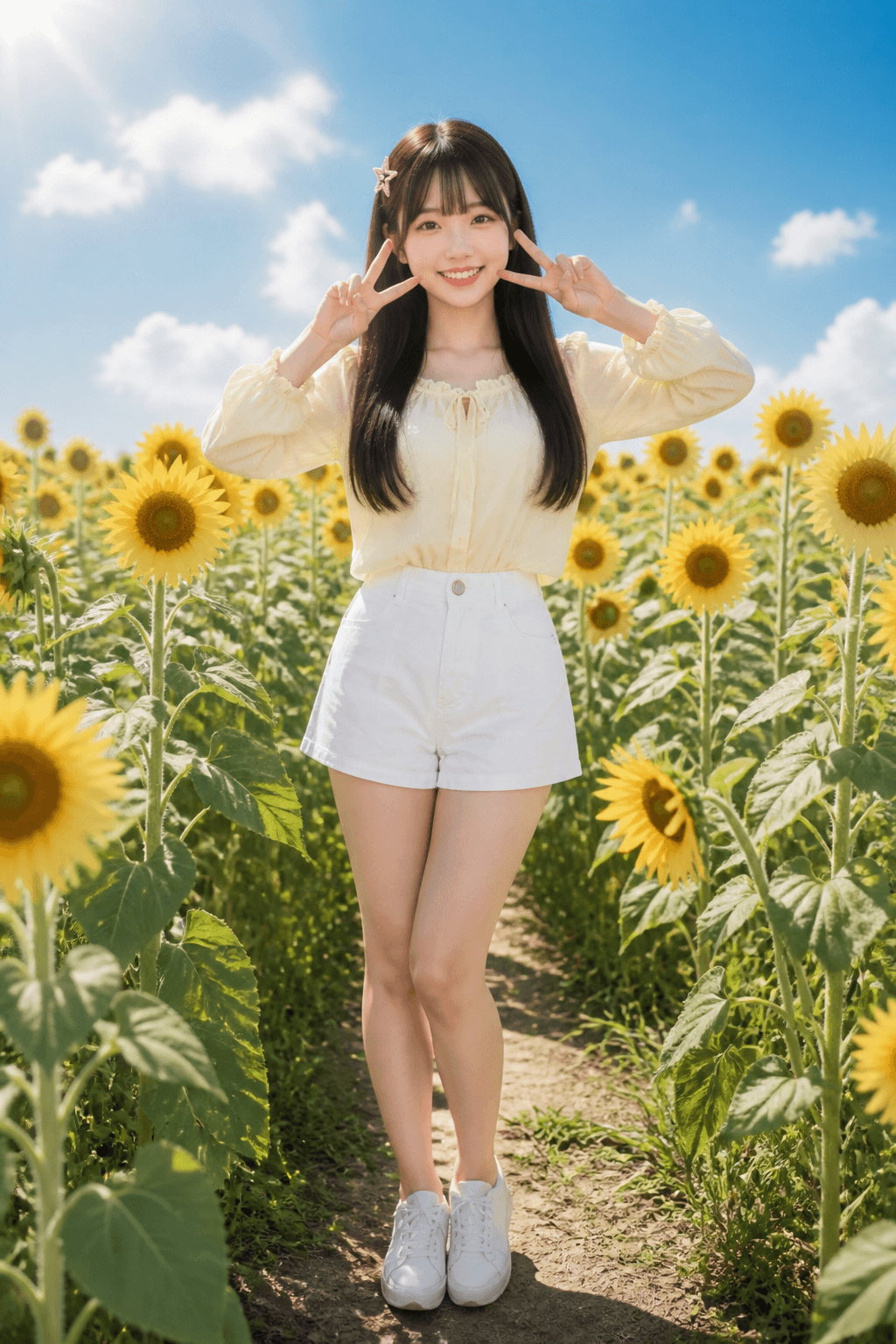 ひまわり畑でピースをするAIみう