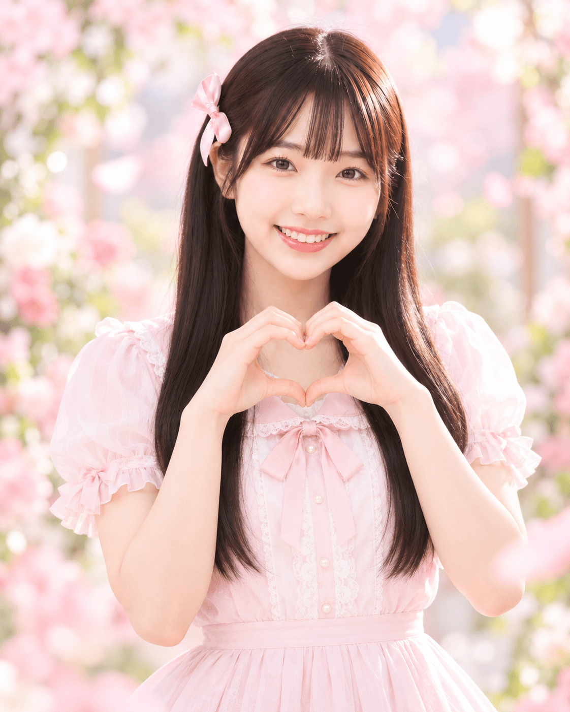 桜の前でハートを作るAIみう